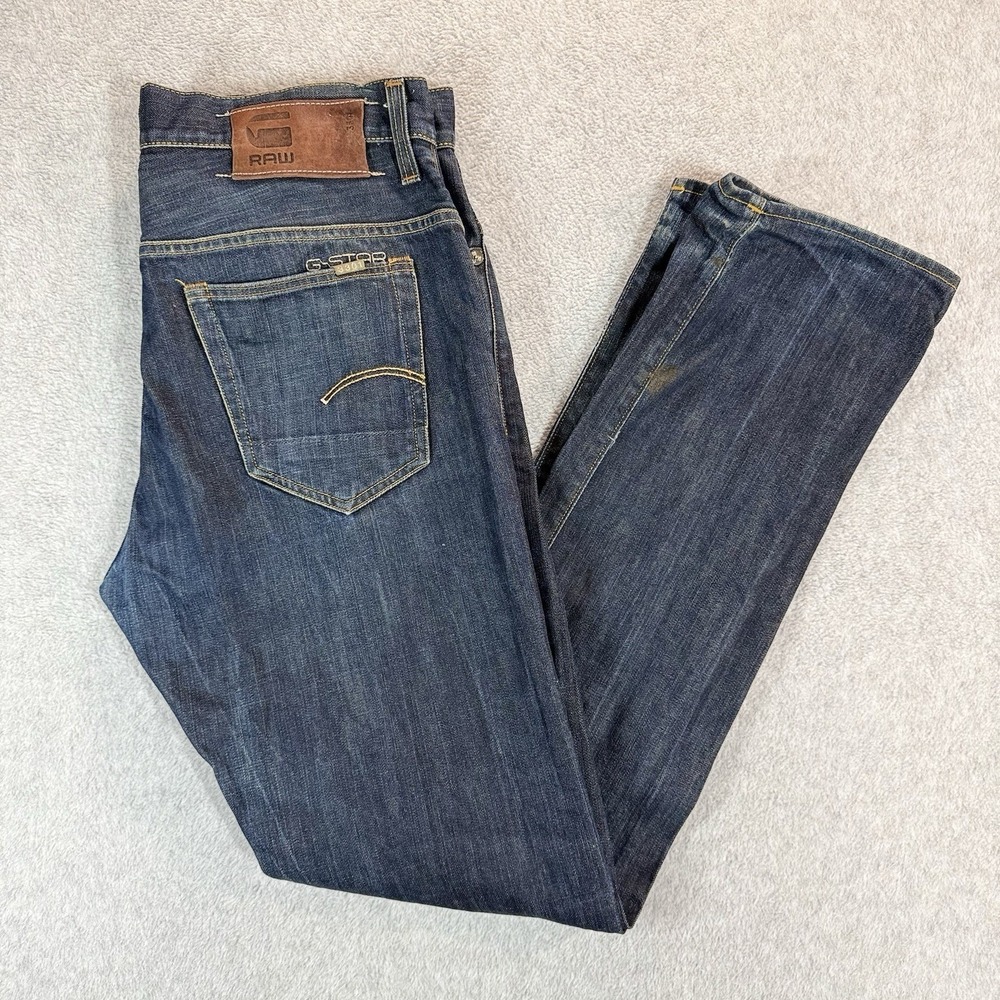 G-Star RAW 3301 Slim Jeans Mens 34x34 Blue Dark Wash Straight‎ Leg Stained Italy